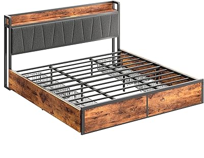 LIKIMIO King Bed Frame with 4 Storage Drawers, Platform Bed with Charged Headboard, Sturdy and Stable, No Noise, No Box Spring Needed, Easy to Install, Vintage Brown and Gray