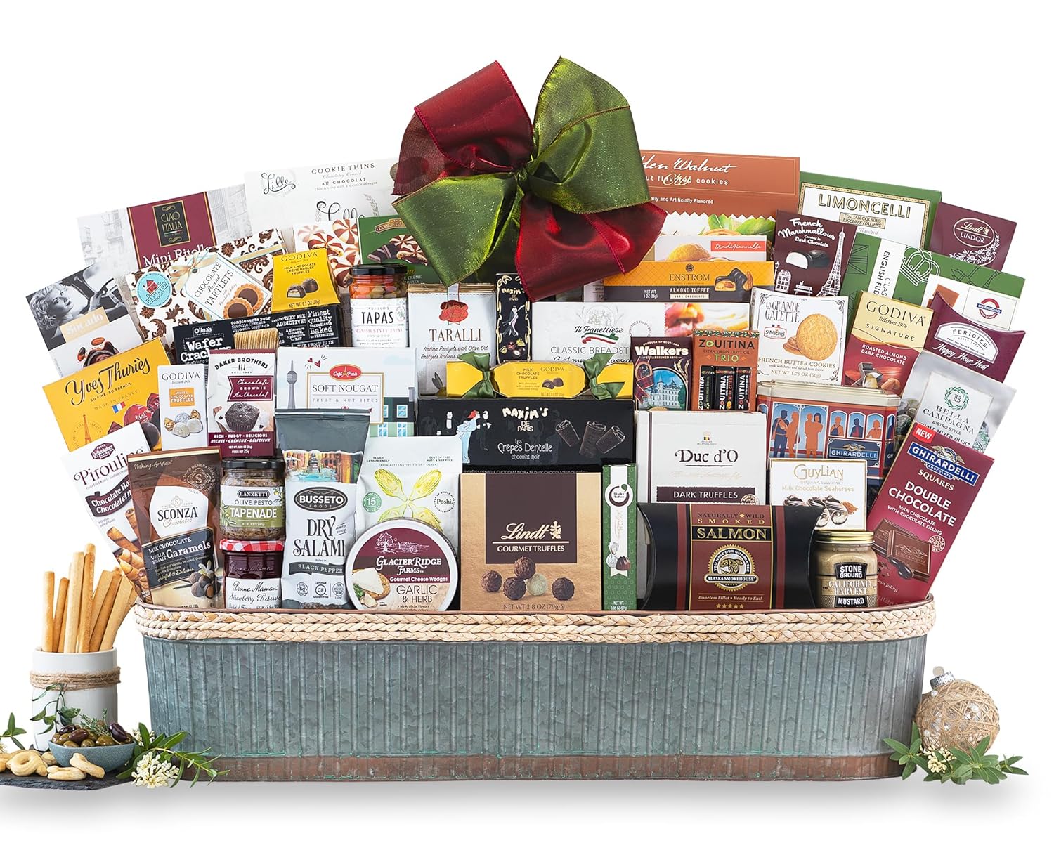 Cesta de regalo gourmet Sky's The Limit de Wine Country Gift Baskets Una colección definitiva de Godiva, Lindt, Ghirardelli y más, incluyendo pretzels de chocolate negro Godiva, trufas Lindt surtidas, dulce de vainilla con sal marina y chocolate negro Ghirardelli, colecciones surtidas de galletas y galletas, salmón ahumado de Alaska, salami, salsa de mostaza, aperitivos de tocino habanero y más. Un gran regalo para el trabajo ers, empleados, negocios reuniones, regalos de negocios Colombia