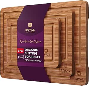 ROYAL CRAFT WOOD Wooden Cutting Boards for Kitchen Meal Prep &amp; Serving - Bamboo Wood Serving Board Set with Deep Juice Groove Side Handles - Charcuterie &amp; Chopping Butcher Block for Meat (3 Pcs)