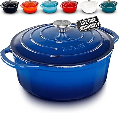 Zulay 6 Quart Enameled Cast Iron Dutch Oven Pot with Lid – Oven Safe up to 500°F – Perfect for Bread Baking, Stews, Braising & Casserole Dishes – Heavy Duty Dutch Oven Cast Iron Cookware – Blue