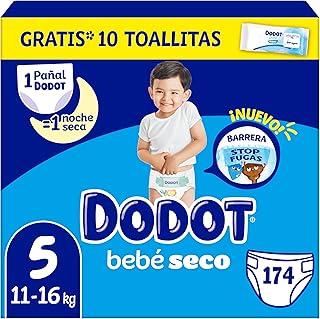 Dodot Bebé-Seco Pañales, Talla 5, 11-16 kg, 174 Pañales con Protección Antifugas, Pack Mensual