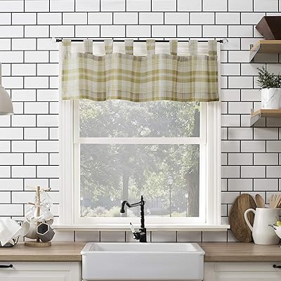 No. 918 Blair Farmhouse Plaid Semi-Sheer Tab Top Curtain, 52 in x 14 in Kitchen Valance, Gold/Ecru