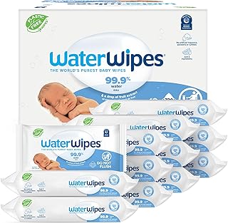 WaterWipes Plastic-Free Original Baby Wipes, 99.9% Water Based Wipes, Unscented & Hypoallergenic for Sensitive Skin, 60 Co...