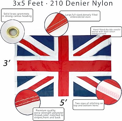 Anley EverStrong Series United Kingdom UK Flag 3x5 Foot Heavy Duty Nylon - Embroidery and Heavy Duty Canvas Header 4 Rows of Lock Stitching - British National Banner Flags with Brass Grommets 3 X 5 Ft