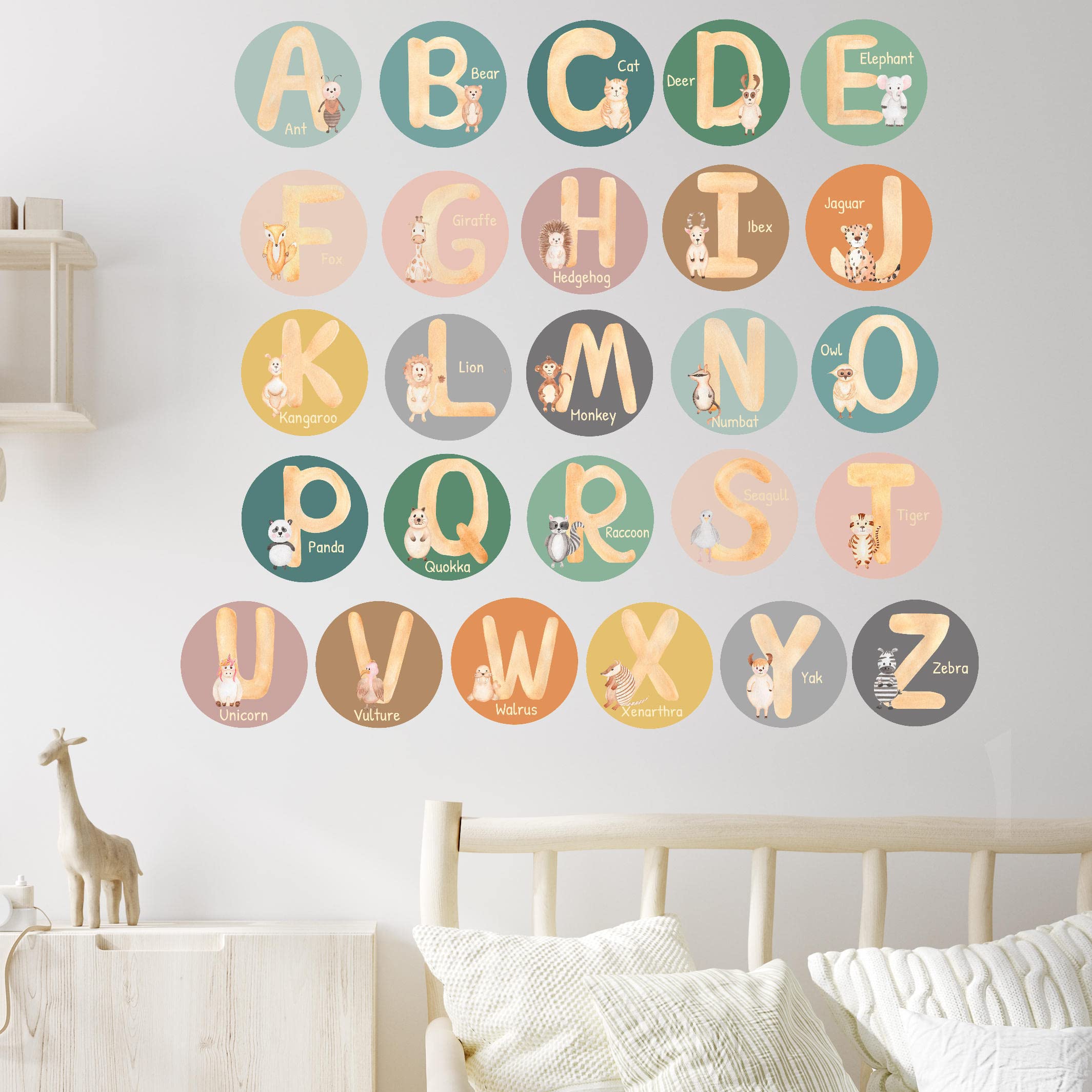 Photo 1 of Alphabet Wall Decals for Classroom - 5 Inch Nursery Alphabet Letters for Wall - ABC Wall Decals for Kids Rooms - ABC Wall Chart for Toddlers Learning - Boho Rainbow Animal Alphabet A B C Decals