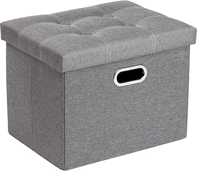 COSYLAND Ottoman with Storage for Room Folding Ottoman Foot Stool Footrest Seat Linen Fabric Ottoman Small Rectangle Collapsible Bench with Handles Lid Toy Chest Grey