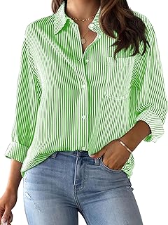 CUNLIN Grade 4 Wrinkle-Resistant Women's Button Down Shirts Striped Long Sleeve Collared Blouses Tops with Pocket