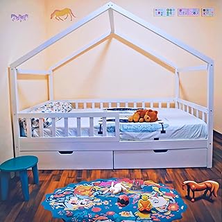 Unicview Cama Infantil Estilo cabaña de Madera Maciza con 2 cajones, Valla y somier, 90 x 200 cm, Color Blanco (sin colchón)