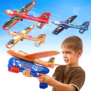 3 Pack Foam Airplane Launcher Toy with 3 DIY Stickers, 12.6" Glider Led Plane, Catapult Plane Boy Toys, Outdoor Sport Flyi...