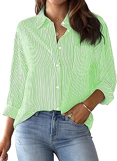 AISEW Womens Button Down Shirts Striped Classic Long Sleeve Collared Office Work Blouses Tops with Pocket