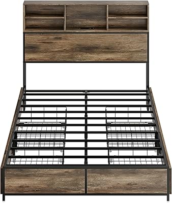 BELLEZE Full Size Bed Frame with 4 Drawers and Storage Bookcase Headboard, Platform Bed Frame with Fast Charging Station, RGB LED Light, No Box Spring Needed Noise Free - Riviera(Brown)