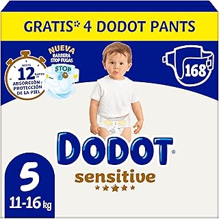 Dodot Bebé Sensitive Pañales, Talla 5, 11-16 kg, 168 Pañales y 4 Pants Regalo, Óptima Protección de la Piel deDodot, Pack ...