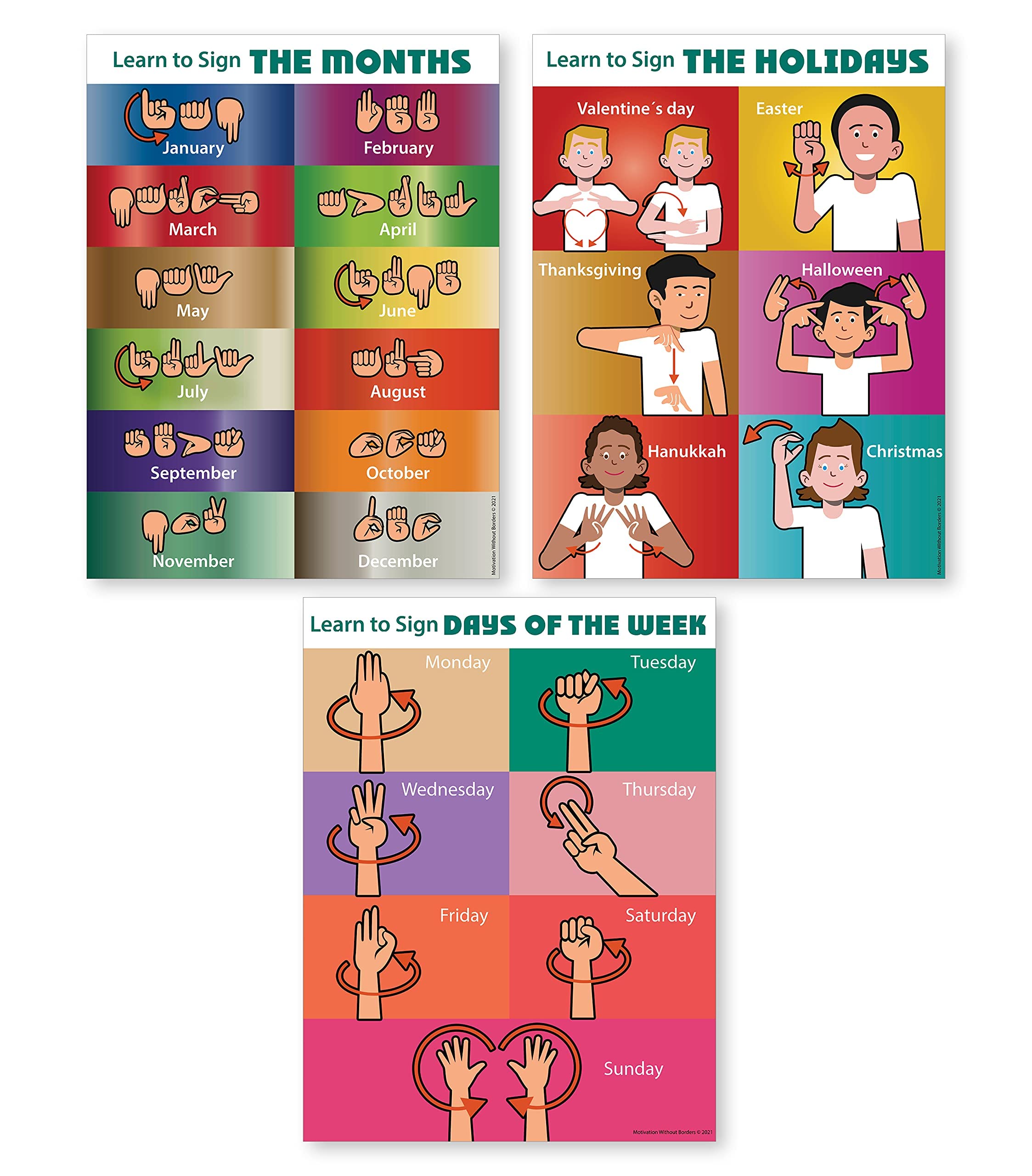 Photo 1 of MWB ASL Learn to Sign Posters for Kids - Hand Sign Language Flash Card Posters with Colors, Feelings, Animals, Shapes | ASL Educational Posters for Classrooms and Home | 18" x 13" Laminated (Pack of 3)