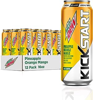 Mountain Dew Kickstart, Pineapple Orange Mango, 90mg Caffeine, Vitamins B & C, 80 Calories, 10% Juice, 16 fl oz (Pack of 12)