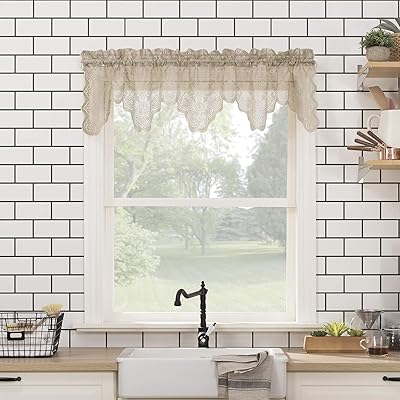 No. 918 Alison-Tr Floral Lace Sheer Rod Pocket Kitchen Curtain Valance, 58" x 14", Stone