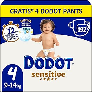 Dodot Pañales Bebé Sensitive, Talla 4 (9-14 kg), 192 Pañales + 4 Pants Gratis, Nº1 en Proteccion de la Piel de Dodot, Pack...