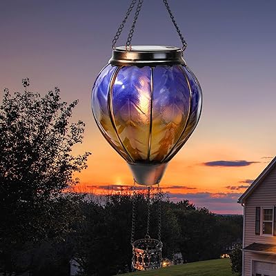 pearlstar Hot Air Balloon Solar Lantern with Flickering Flame Light, Outdoor Solar Hanging Lights Waterproof for Garden Yard Patio Farmhouse Decoration,Stained Glass Blue