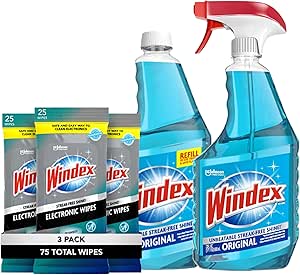 Windex Bundle - Original Blue Glass and Window Cleaner 23 Fl Oz spray + 32 Oz Refill, and Electronic Screen Wipes for Computers , Phones, Televisions and More, 25 count - Pack of 3