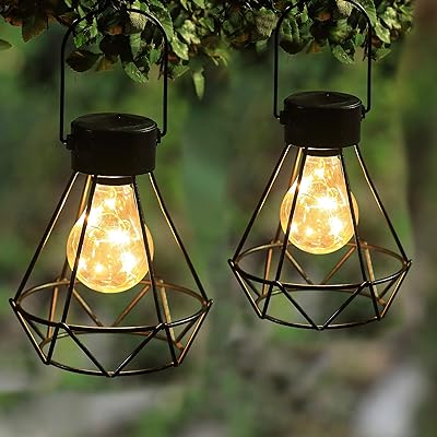 MAGGIFT 2 Pack Hanging Solar Lights, Outdoor Solar Powered Tabletop Lanterns with 15 LED Copper Lights Blub, Waterproof Solar Lantern with Handle for Yard, Lawn, Patio, Garden Decoration, Warm White