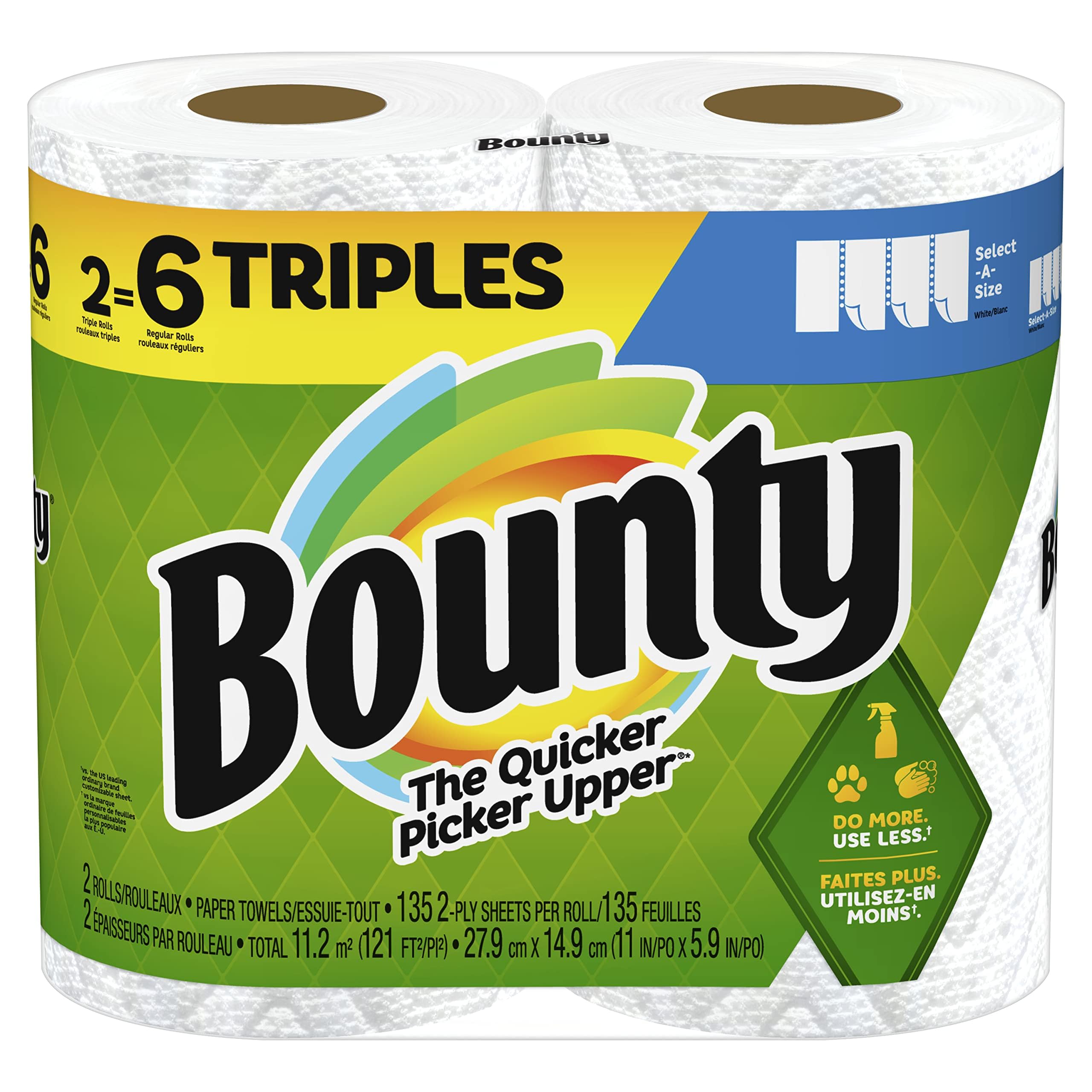 Bounty Select-A-Size Paper Towels, White, 2 Triple Rolls = 6 Regular Rolls (Pack of 1)