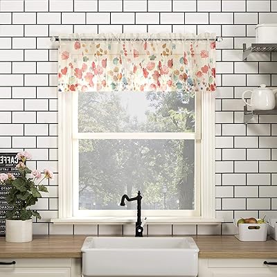 No. 918 Rosalind Watercolor Floral Semi-Sheer Rod Pocket Kitchen Curtain Valance, 54" x 14", Poppy Red