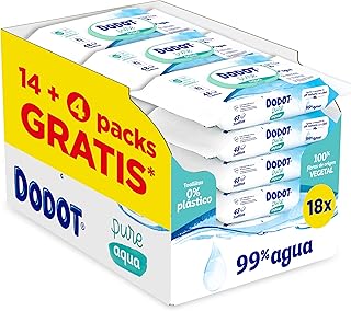 Dodot Toallitas Pure Aqua para Bebé, 99% Agua, 100% Fibras de Origen Vegetal, 864 Toallitas, 18 Paquetes de 48 unidades