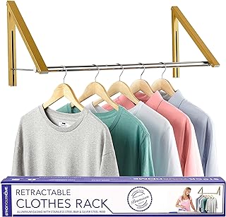 Double Foldable Clothing Rack w/ Extension Rod, Wall-Mounted Retractable Clothes Hanger for Laundry Dryer Room, Hanging Dr...