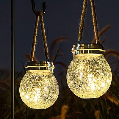 ROSHWEY Solar Lantern, 2 Pack Garden Decor Lights Waterproof Outdoor Lanterns with 30 LED Solar Lights Patio Hanging Lights for Backyard Fence Pathway Porch Decorative, Warm White