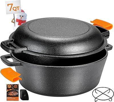 TLGREEN - Olla holandesa de hierro fundido con tapa, olla de hierro fundido (5.1 cuartos de galón) y tapa de hierro fundido como sartén (1.9 cuartos de galón) - Horno holandés de hierro fundido con