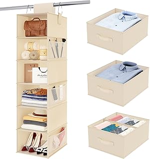 Fixwal Hanging Closet Organizer 6-Shelf Hanging Shelves for Closet with 3 Removable Drawers & Side Pockets Hanging Shelf O...