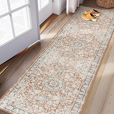 Beeiva - Alfombra de cocina clásico antideslizante, lavable, 2.5 x 8 pulgadas, suave, antideslizante, color naranja/Lvory, ligera, lavable, para pasillos, baño, lavadero