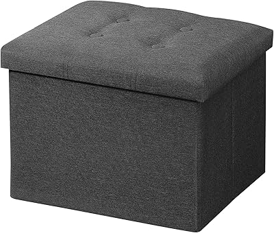 AmasSmile® Storage Ottoman Folding Foot Rest Stool, 17 inch Linen Footstool Bench, Short Ottoman Bench, Storage Foot Rest Store, Books, Dark Grey