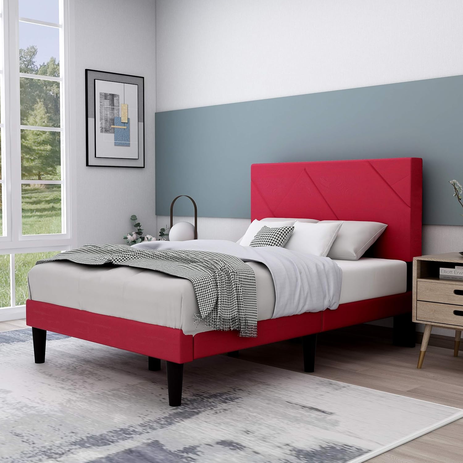 Upholstered Platform Bed Frame with Headboard, Mattress Foundation/Wood Slat Support/No Box Spring Needed/Easy Assembly,Red,Full