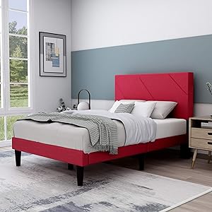 Upholstered Platform Bed Frame with Headboard, Mattress Foundation/Wood Slat Support/No Box Spring Needed/Easy Assembly,Red,Full