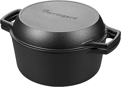 VORRINGARD Olla doble de hierro fundido presazonada con tapa de sartén, mango doble, para hornear pan, al aire última intervensión, cocina de fogata, 5 cuartos