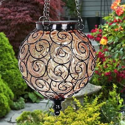 Exhart Outdoor Garden Solar Lights, Round Glass and Metal Hanging Lantern, 15 Firefly LED Lights, 7 x 20 Inch, Amber