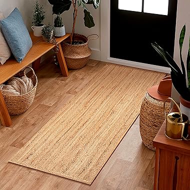 Alfombra trenzada de yute Boho de 2 x 6 pies, natural, reversible tejida a mano para entrada, cocina, pasillo, recámara, deco