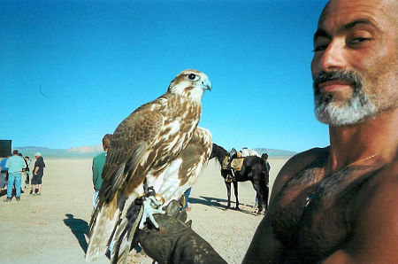 Adoni (Sakr) with his falcon hamming it up on the set of "HIDALGO"