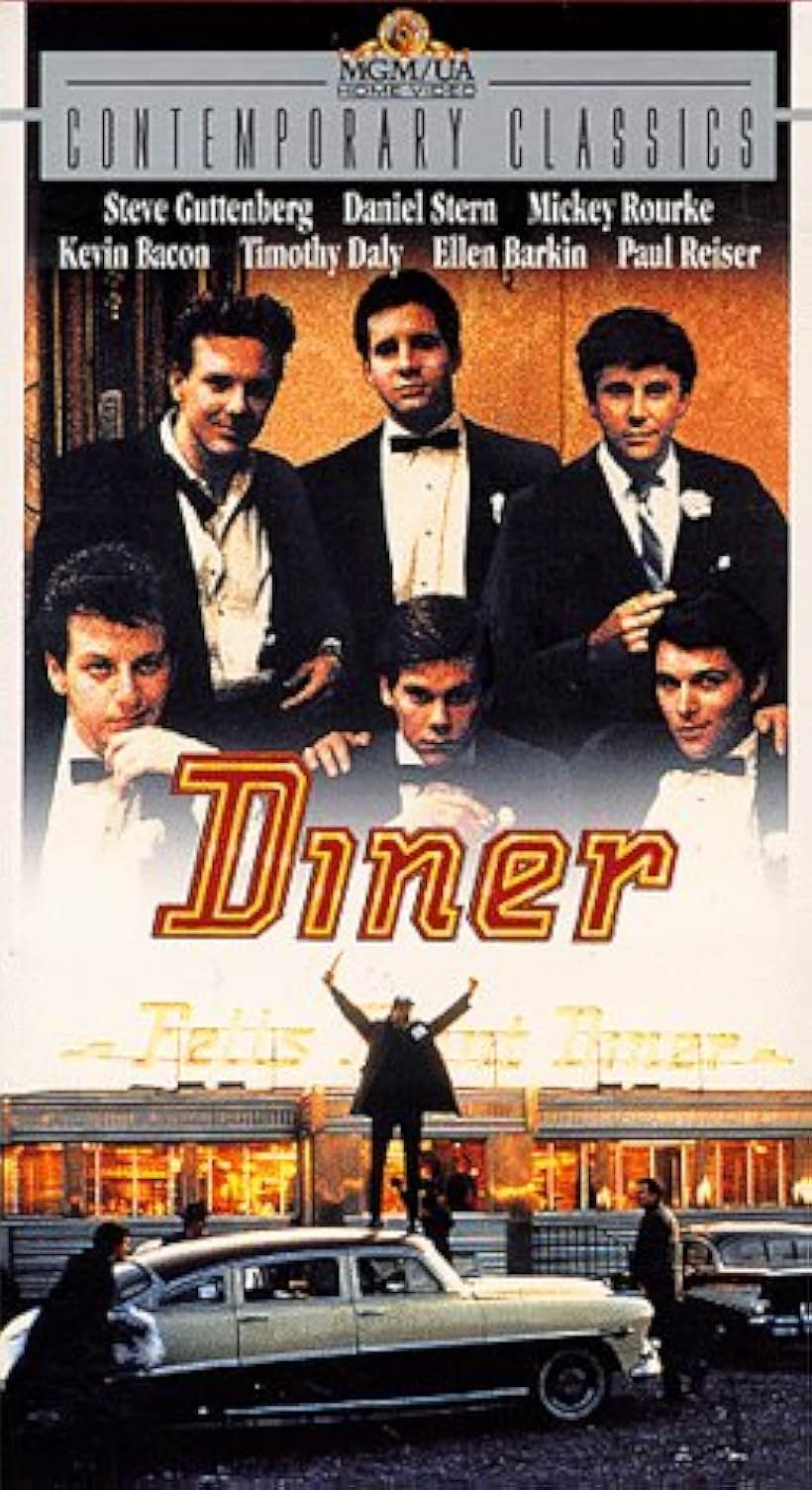 Kevin Bacon, Steve Guttenberg, Mickey Rourke, Paul Reiser, Tim Daly, and Daniel Stern in Diner (1982)