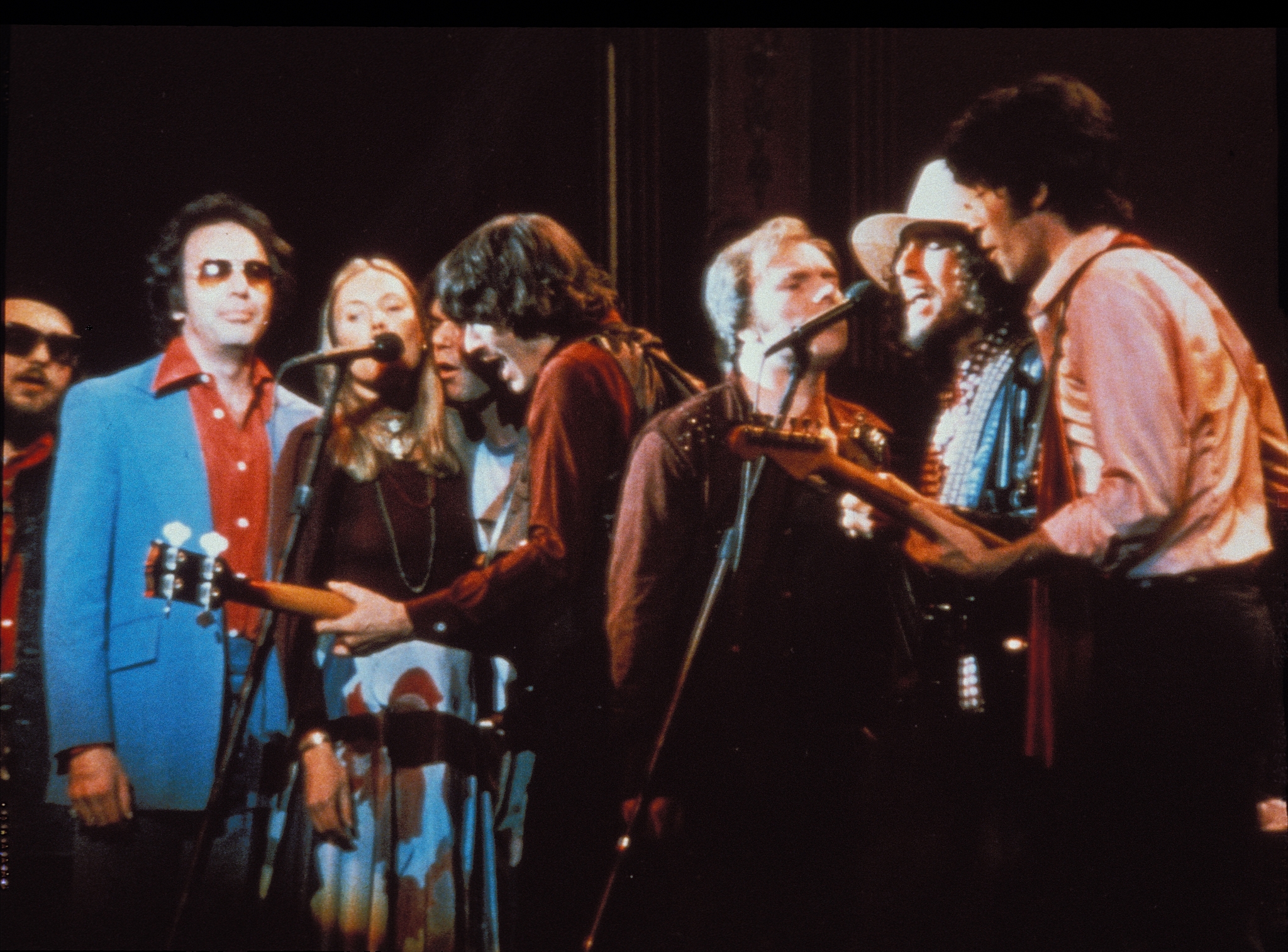 Bob Dylan, Neil Diamond, Robbie Robertson, Rick Danko, Dr. John, Joni Mitchell, Van Morrison, Neil Young, and The Band in The Last Waltz (1978)