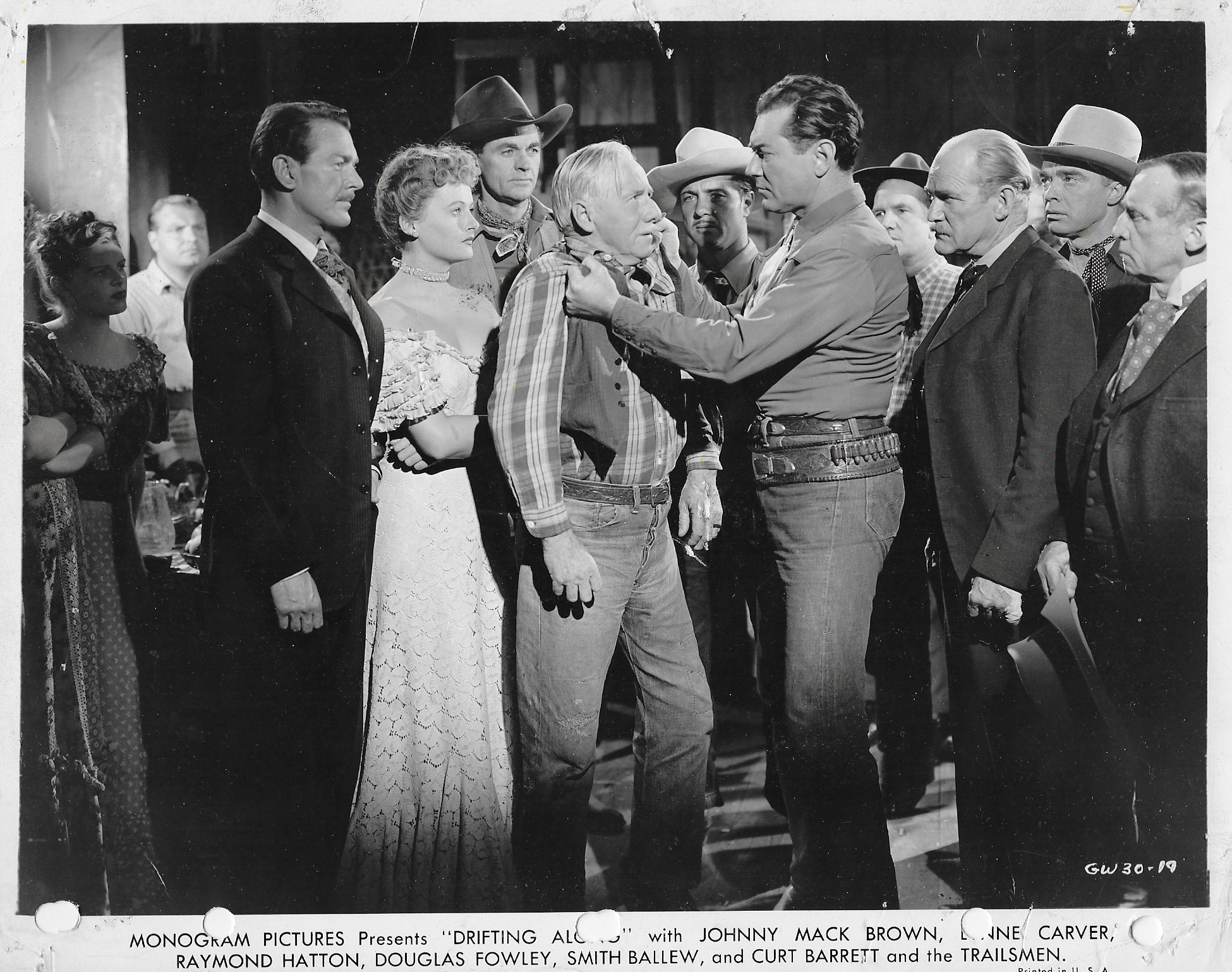 Lynton Brent, Johnny Mack Brown, Lynne Carver, Steve Clark, Douglas Fowley, Terry Frost, Raymond Hatton, Beverly Jons, Ted Mapes, Tom Quinn, and Jack Rockwell in Drifting Along (1946)