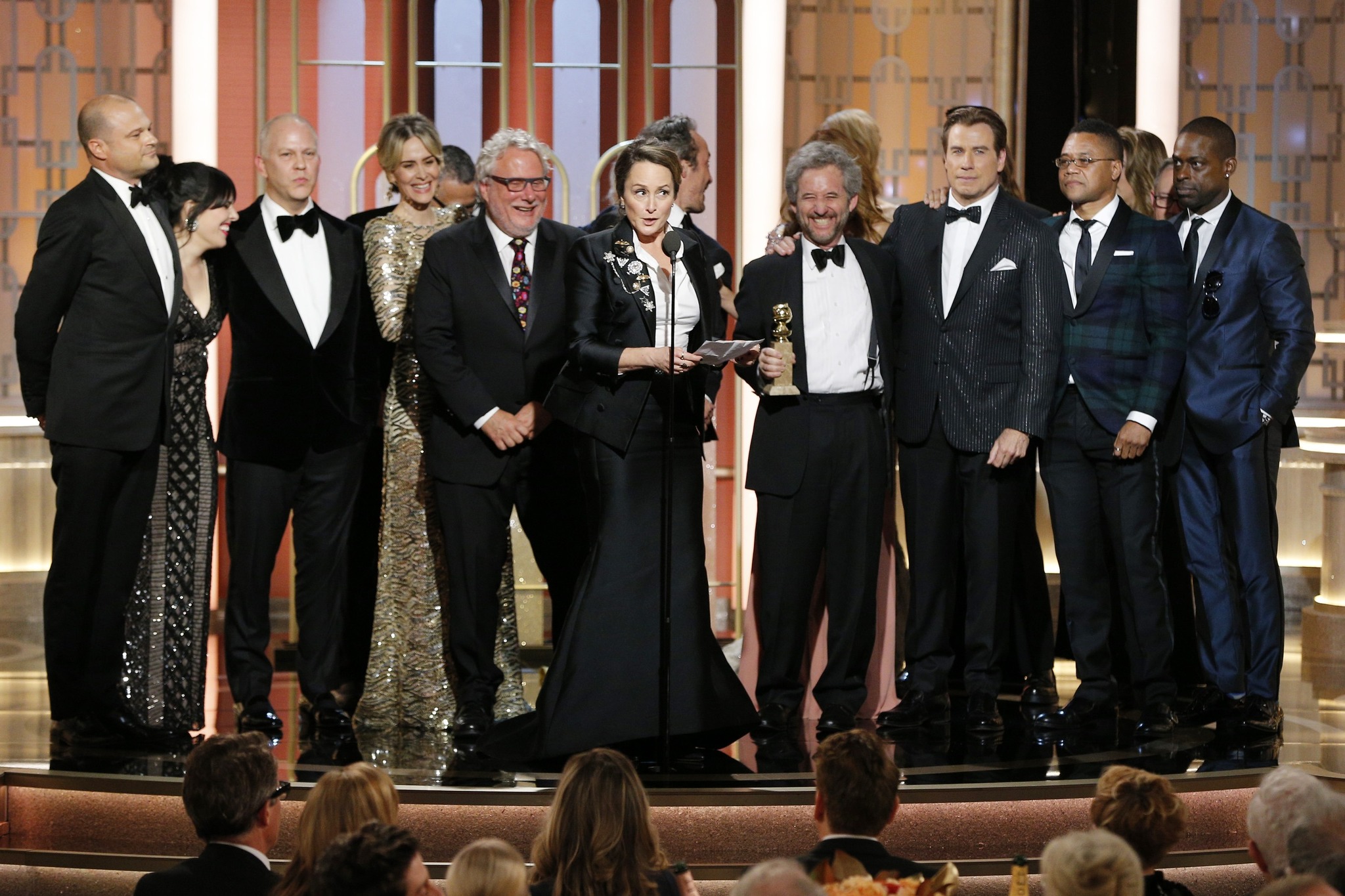 John Travolta, Cuba Gooding Jr., Sarah Paulson, Scott Alexander, Larry Karaszewski, Ryan Murphy, Brad Simpson, Sterling K. Brown, Alexis Martin Woodall, and Nina Jacobson at an event for The 74th Annual Golden Globe Awards 2017 (2017)