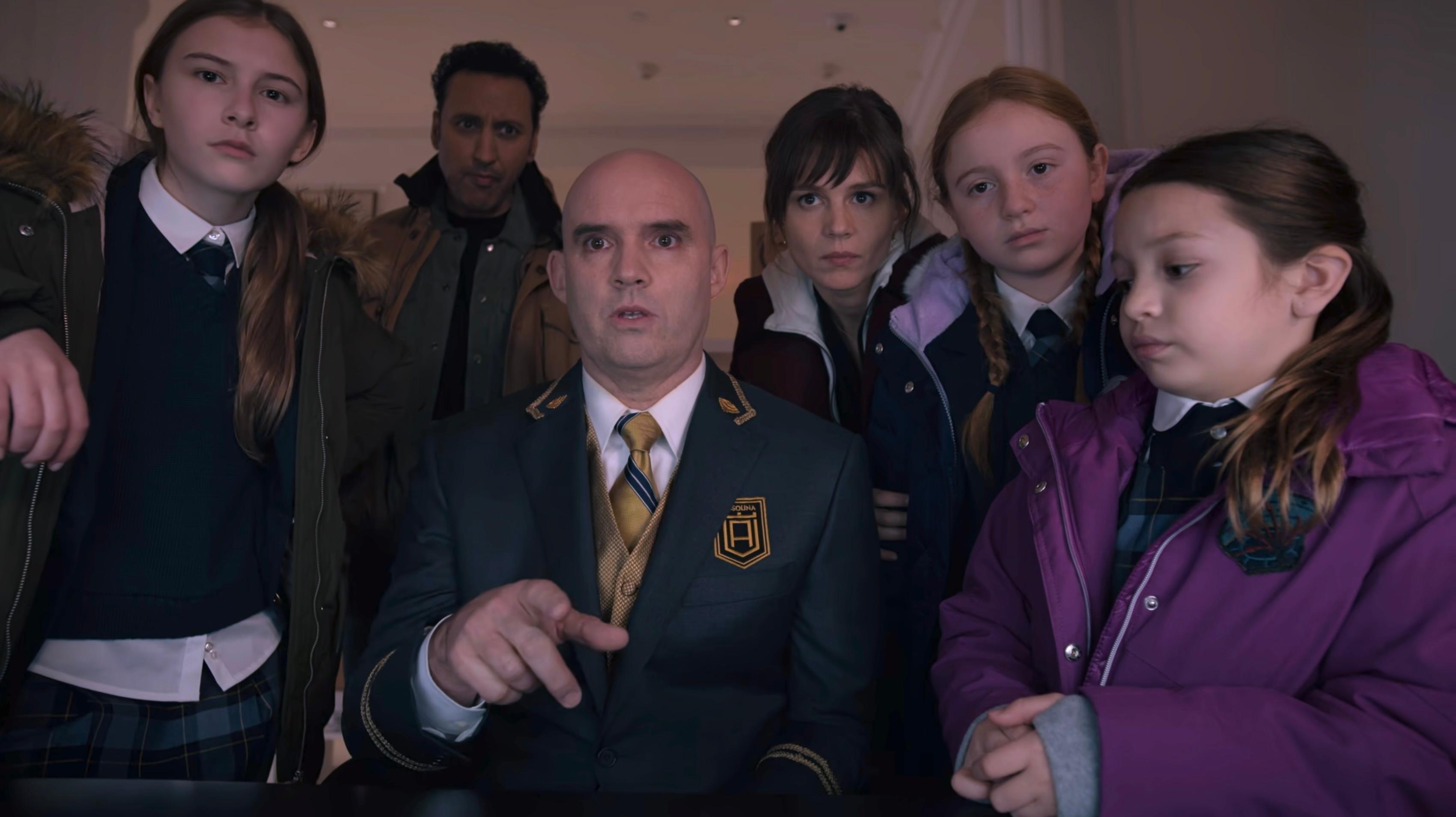 Aasif Mandvi, Katja Herbers, Danny Wolohan, Brooklyn Shuck, Skylar Gray, and Dalya Knapp in E Is for Elevator (2021)