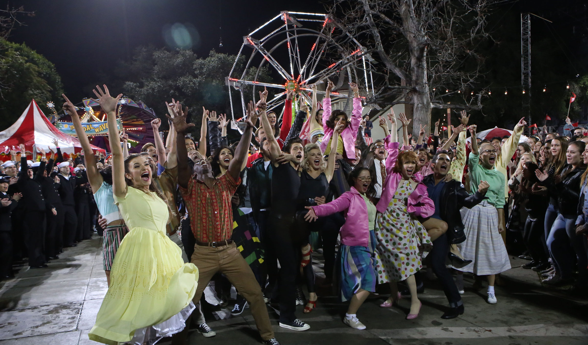 Ana Gasteyer, Barry Pearl, Vanessa Hudgens, Keke Palmer, Carlos PenaVega, Kether Donohue, Julianne Hough, Aaron Tveit, Elle McLemore, and Carly Rae Jepsen in Grease Live! (2016)