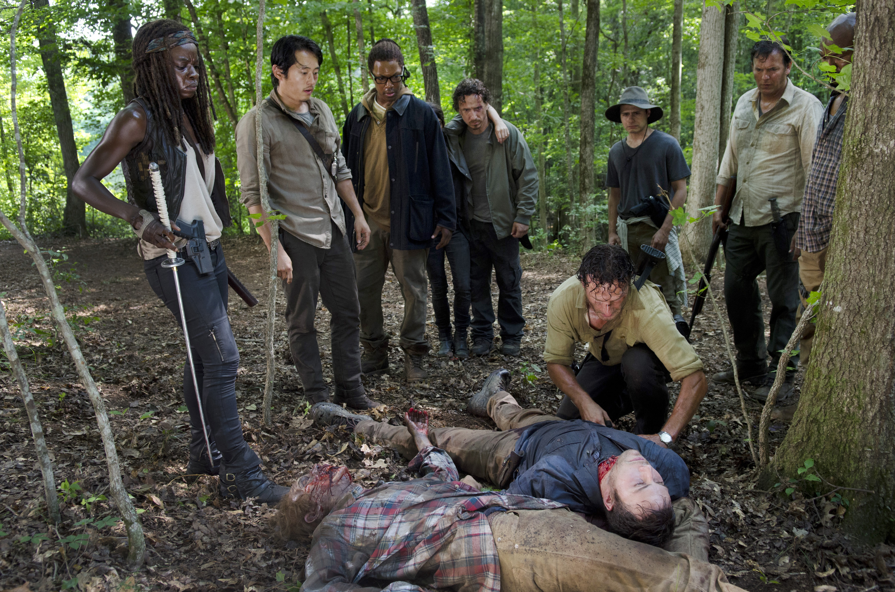 Jay Huguley, Andrew Lincoln, Michael Traynor, Danai Gurira, Steven Yeun, Kenric Green, Jonathan Kleitman, Justin Miles, and Corey Hawkins in The Walking Dead (2010)