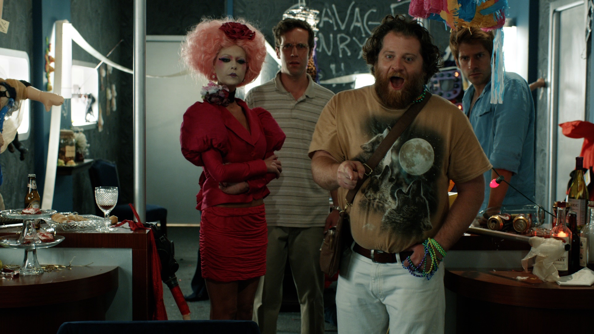 Tara Reid, Herbert Russell, Ben Begley, and Ross Nathan in The Hungover Games (2014)