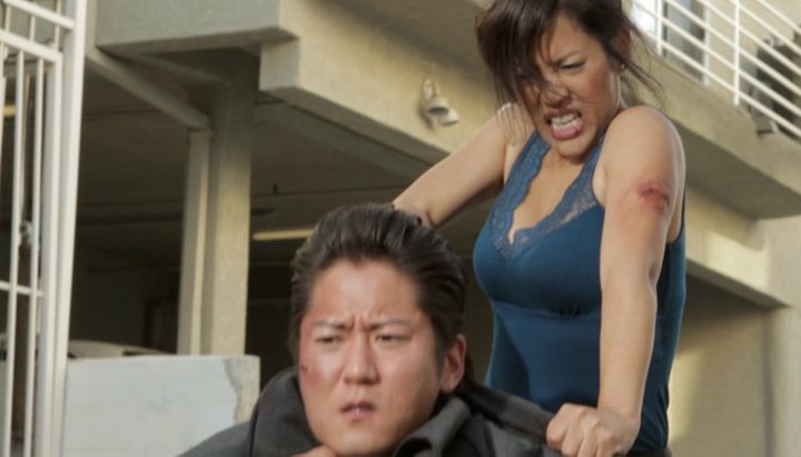 Allen Jo (Agent) from the amazing stunt team at 87eleven, choreographed by Danny Hernandez, gets choked by Diana Toshiko (Ru) in "Two Weeks Notice". Diana trained for only 3 weeks to do the action scenes in this film.