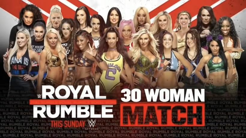 Mickie James, Adrienne Reese, Pamela Martinez, Candice Dawson, Rebecca Quin, Nattie Neidhart, Victoria Crawford, C.J. Perry Barnyashev, Nicola Glencross, Jessica McKay, Sarona Snuka, Trinity McCray Fatu, Ashley Fliehr, Thea Trinidad, Leah Van Dale, Daria Berenato, Kairi Hôjô, Kacy Esther Catanzaro, Lexi Kaufman, Sarah Bridges, Ashley Mae Sebera, Masami Odate, Dori Elizabeth Prange, Gionna Daddio, Cassie Arneill, Amanda Saccomanno, Savelina Fanene, Macey Estrella, Demi Bennett, and Zhao Xia in WWE Royal Rumble (2019)