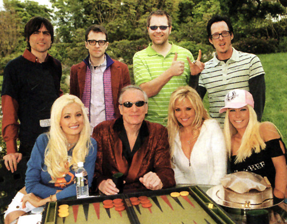 Hugh Hefner, Holly Madison, Weezer, Rivers Cuomo, Bridget Marquardt, Brian Bell, Kendra Wilkinson, Patrick Wilson, and Scott Shriner in Weezer: Beverly Hills (2005)