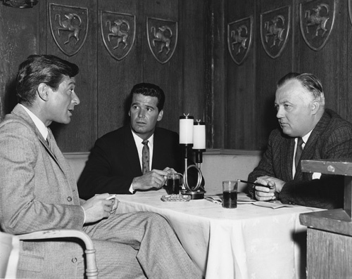 Efrem Zimbalist Jr., James Garner and James Bacon chat while waiting for a scene to be set up for "77 Sunset Strip"